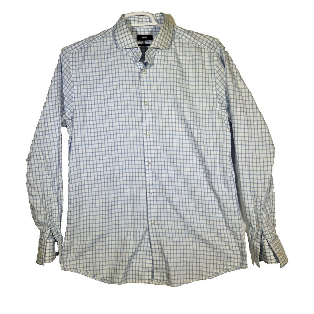 Hugo Boss Men's Slim Fit Dress Shirt Size 17 Blue & White Check French Cuff